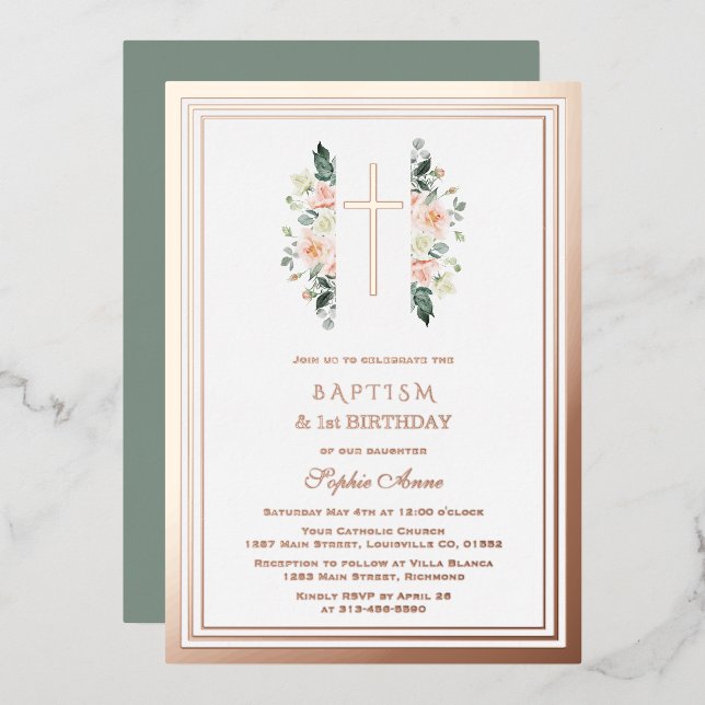 Elegant Pink Flowers Girl 1st Birthday Baptism (Front/Back)