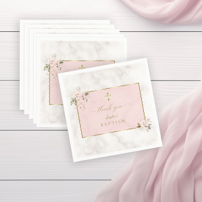 Elegant Pink Flowers Gold Baptism Napkin (Creator Uploaded)