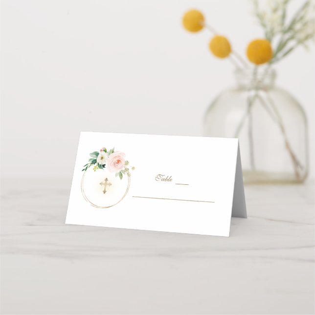 Elegant Pink Flowers Gold Baptism Table Number  Place Card (Front)