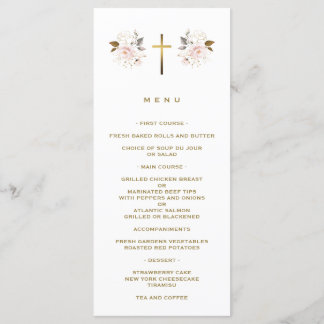 Elegant Pink Flowers Gold Cross Girl Baptism Menu