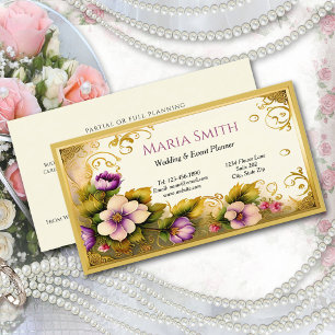 Elegant Pink Flowers Gold Filigree Event Planner Business Card