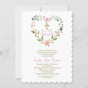 Elegant Pink Flowers Gold First Holy Communion Inv Invitation