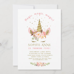 Elegant Pink Flowers Gold Glitter Unicorn Birthday Invitation
