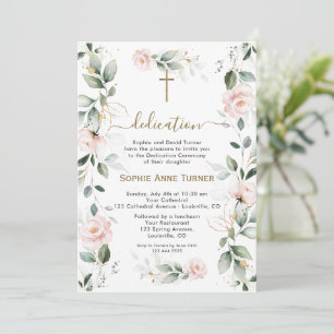 Elegant Pink Flowers Gold Greenery Dedication Invitation