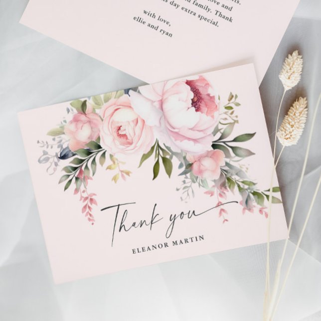 Elegant Pink Flowers Greenery Garden Baby Shower Thank You Card (Elegant Pink Flowers Greenery Garden Baby Shower Thank You Card.)