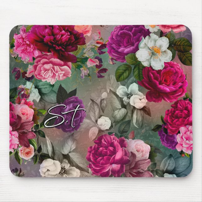 Elegant pink flowers grey monogram mouse pad (Front)