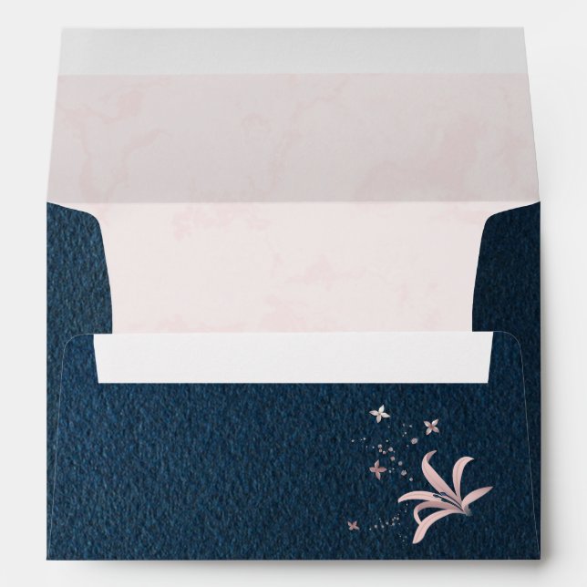 elegant pink flowers navy blue wedding envelope (Back (Bottom))