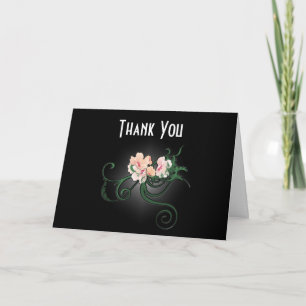 Elegant Pink Flowers on a Black Wedding Thank You Card