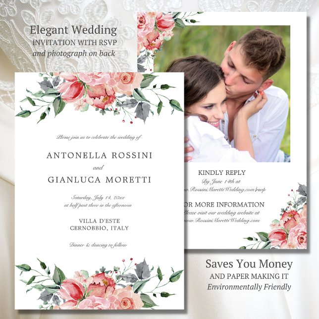 Elegant Pink Flowers Photo RSVP Wedding Invitation (Elegant wedding invitation with RSVP on back saves you money and is environmentally friendly)
