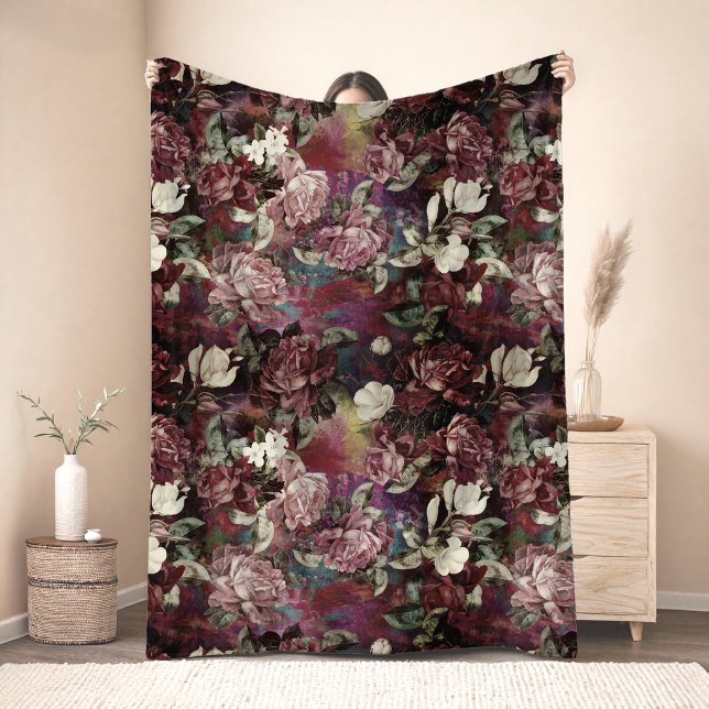 Elegant Pink Flowers Red Pattern Fleece Blanket (Creator Uploaded)