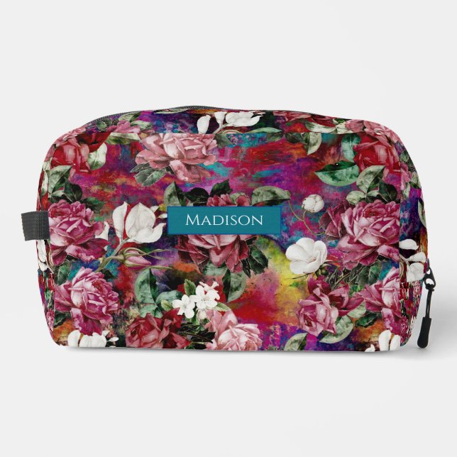 Elegant pink flowers red pattern monogram dopp kit (Front)