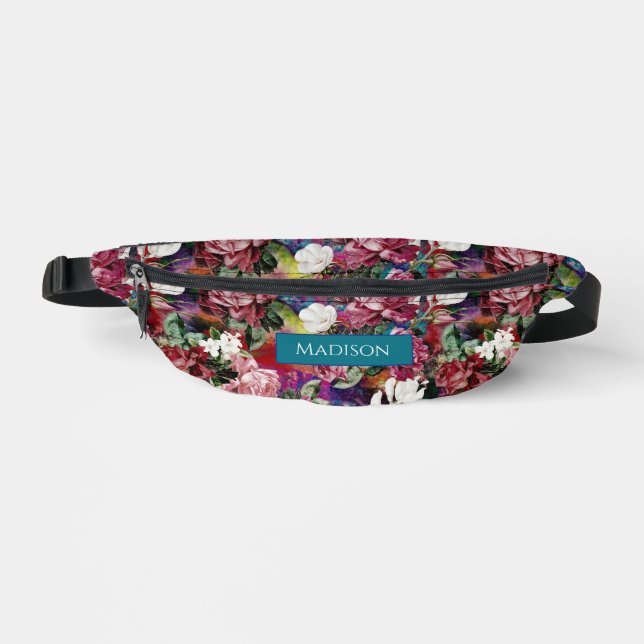 Elegant pink flowers red pattern monogram printed bum bags (Front)