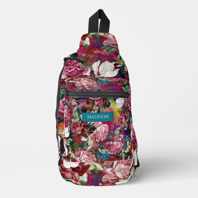 Elegant pink flowers red pattern monogram printed sling bag (Front)
