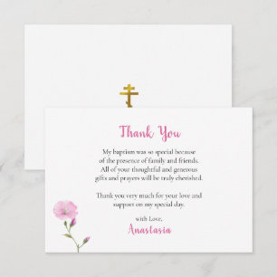 Elegant Pink Flowers Vine Orthodox Baptism Thank You Card