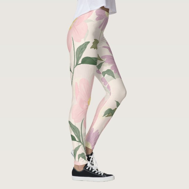 Elegant Pink Flowers Watercolor Boho Floral Leggings (Right)