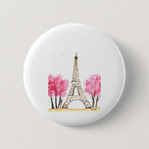 Elegant pink flowers watercolor Eiffel tower Paris 6 Cm Round Badge