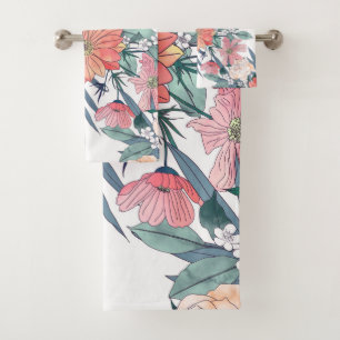 Elegant Pink Flowers Watercolor Floral Bath Towel Set