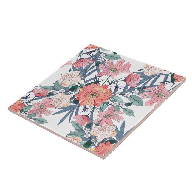 Elegant Pink Flowers Watercolor Floral Tile (Side)
