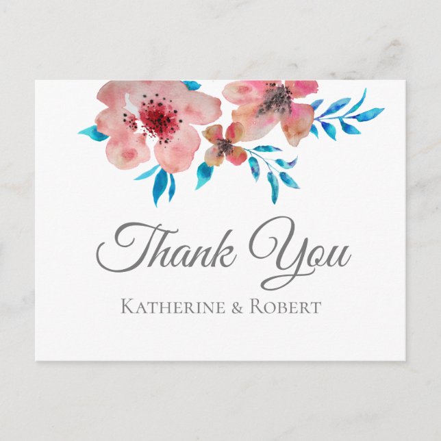 Elegant Pink Flowers Watercolor Thank You Postcard (Front)