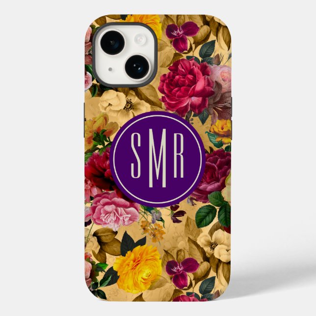 Elegant pink flowers yellow monogram Case-Mate iPhone case (Back)