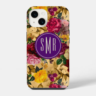 Elegant pink flowers yellow monogram iPhone 14 case