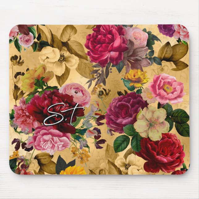 Elegant pink flowers yellow monogram mouse pad (Front)