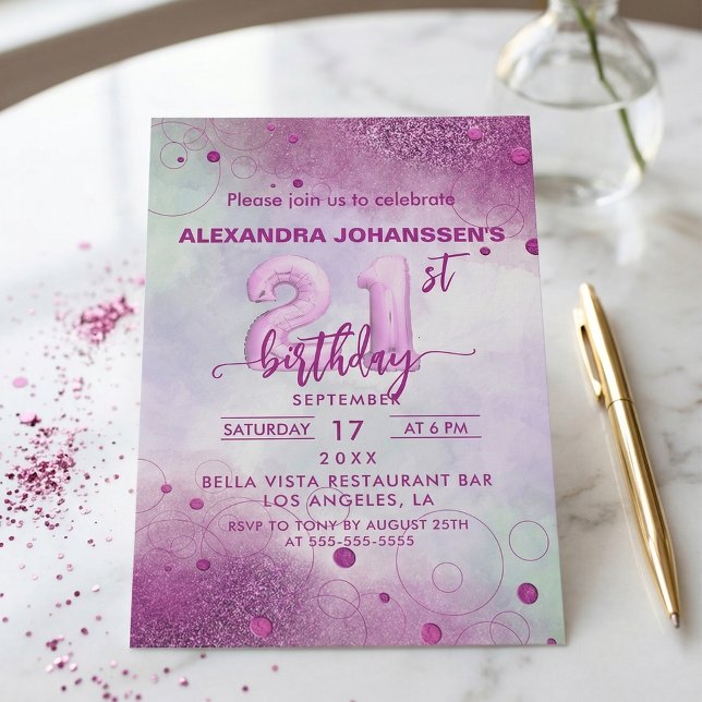 Elegant Pink Foil Balloon 21st Birthday Party Invitation (Creator Uploaded)