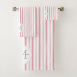 Elegant Pink French Ticking Stripes Name Monogram Bath Towel Set