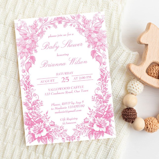 Elegant pink French toile botanical baby shower Invitation (Elegant pink French toile botanical girl baby shower Invitation editable template instant download)