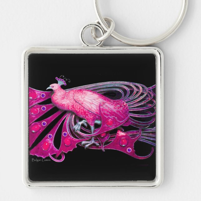 ELEGANT PINK FUCHSIA PEACOCK IN BLACK KEY RING (Front)