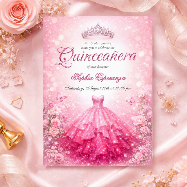 Elegant Pink & Fuchsia Quinceanera Invitation (Creator Uploaded)