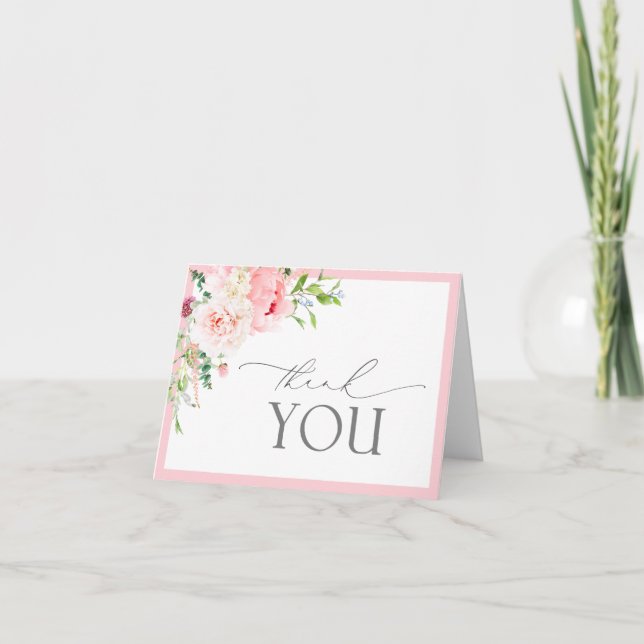 Elegant Pink Garden Flowers Bridal Shower Thank You Card (Front)