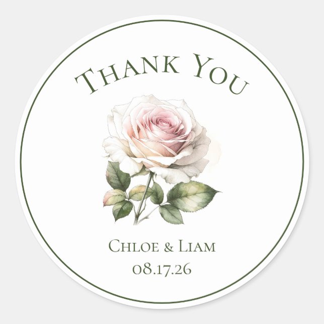 Elegant Pink Garden Rose Flower Wedding Thank You Classic Round Sticker (Front)