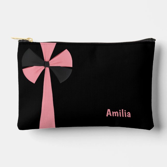 Elegant Pink Gift Ribbon Bow Black Accessory Pouch (Front)
