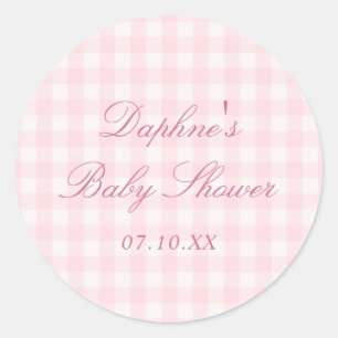 Elegant Pink Gingham Baby Shower Classic Round Sticker
