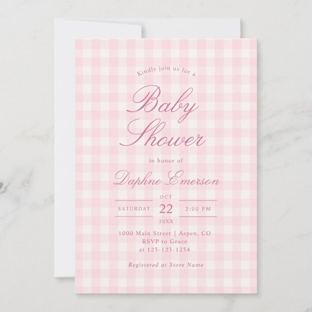 Elegant Pink Gingham Baby Shower Invitation (Front)