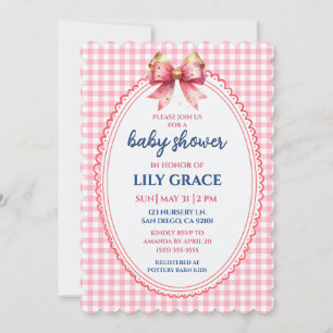 Elegant Pink Gingham & Bow Baby Shower Invitation