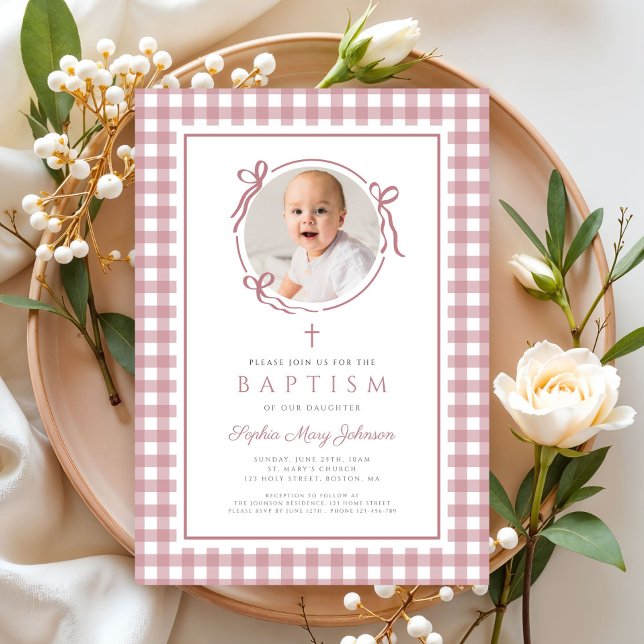 Elegant Pink Gingham Bow Photo Girl Baptism Invitation (Elegant Pink GIngham Bow Photo Girl Baptism Invitation)