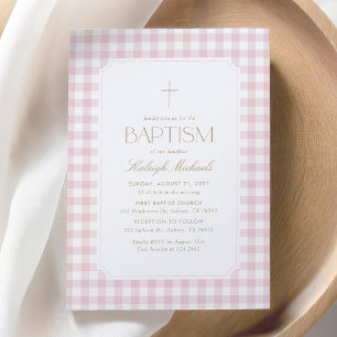 Elegant Pink Gingham Cross Girl Baptism Invitation