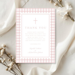 Elegant Pink Gingham Girl Baptism Thank You Card