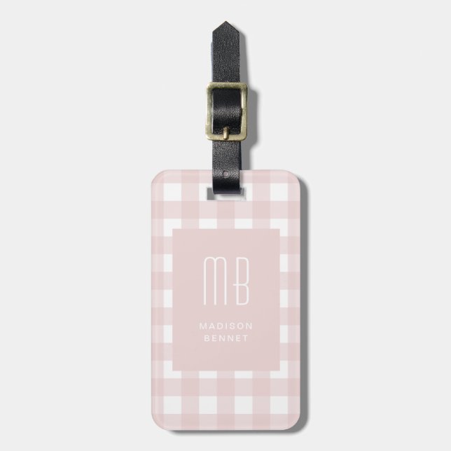 Elegant Pink Gingham Monogram Luggage Tag (Front Vertical)