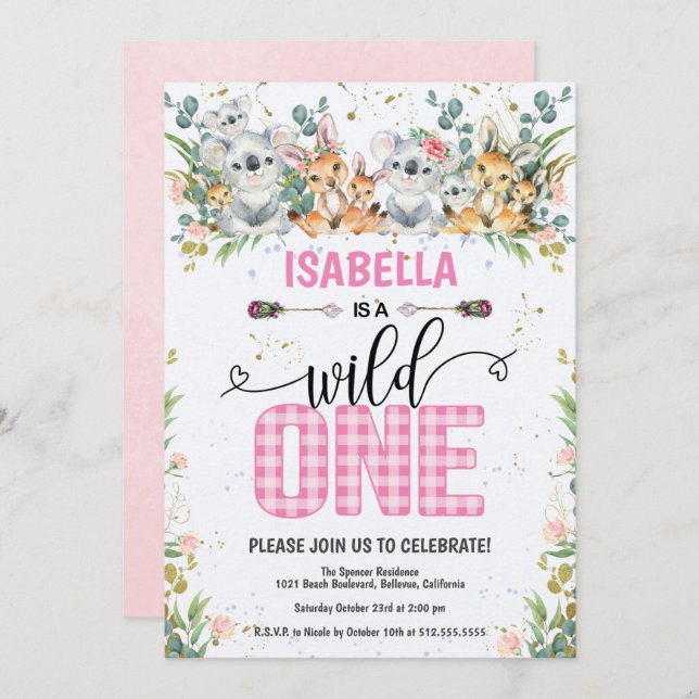 Elegant Pink Gingham Safari Wild One 1st Birthday Invitation (Front/Back)
