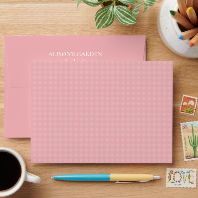 Elegant Pink Gingham Watercolor Garden Envelope (Desk)