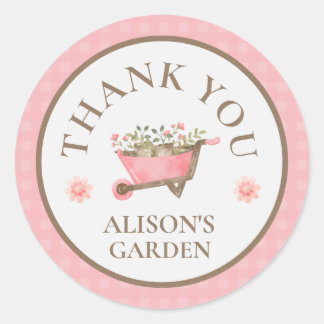 Elegant Pink Gingham Watercolor Garden Thank You Classic Round Sticker