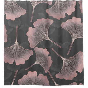 Elegant Pink Ginkgo Leaves on Black Background Shower Curtain