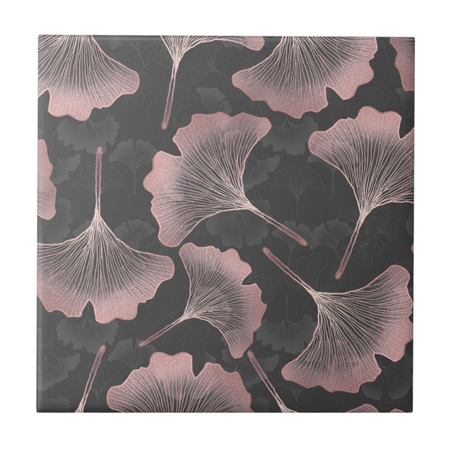 Elegant Pink Ginkgo Leaves on Black Background Tile (Front)