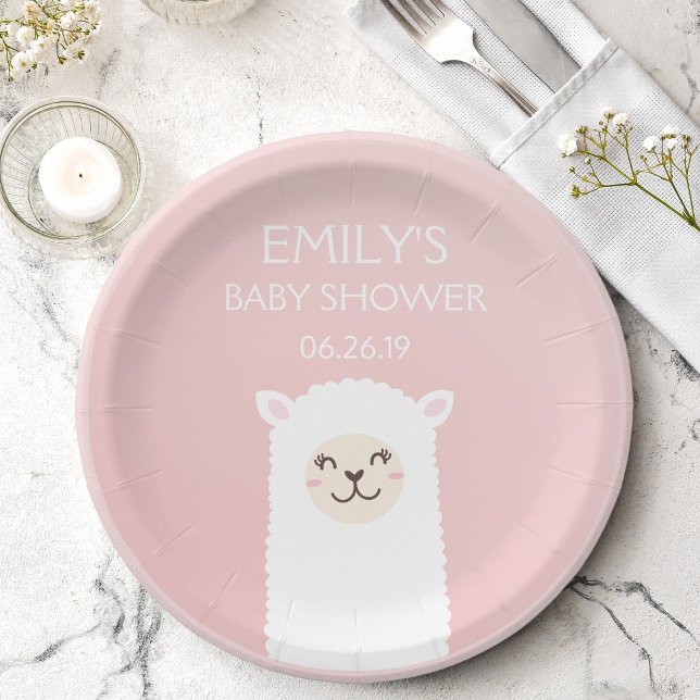 Elegant Pink Girl Baby Shower Cute Kawaii Llama Paper Plate (Creator Uploaded)