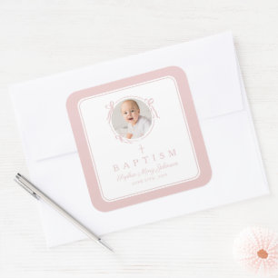 Elegant Pink Girl Photo Baptism Square Sticker