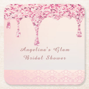 Elegant Pink Glam Glitter Drip Bridal Shower Square Paper Coaster