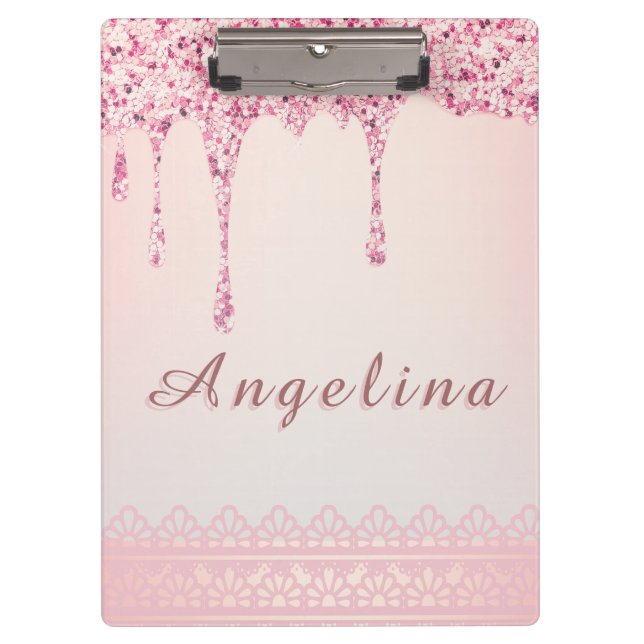 Elegant Pink Glam Glitter Drip  Clipboard (Front)